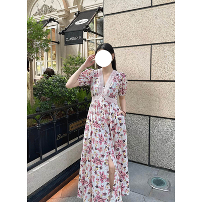 现货DV同源深圳南油纯棉26春夏柔粉鎏金花泡泡袖蕾丝肌理棉连衣裙