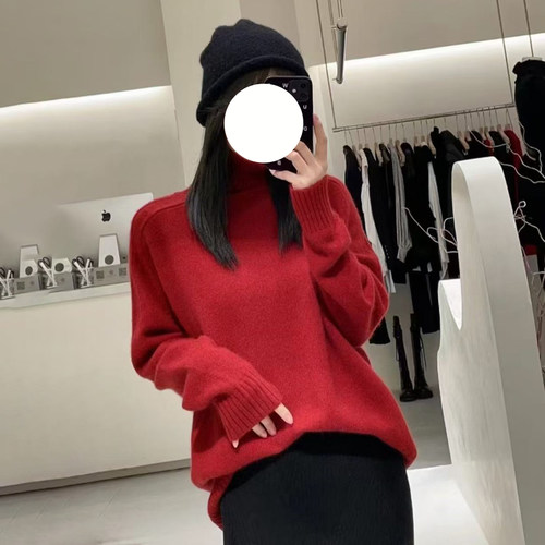 现货TOT同源深圳南油女装 25秋冬新款红色慵懒垂感高领羊毛毛衣