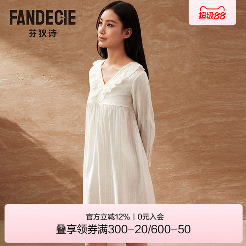 芬狄诗商场同款睡裙洛克克风纯棉宽松显瘦蕾丝V领女士睡衣FL00501