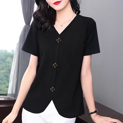 纯棉短袖t恤女装夏季新款洋气妈妈宽松大码黑色v领显瘦体恤上衣服