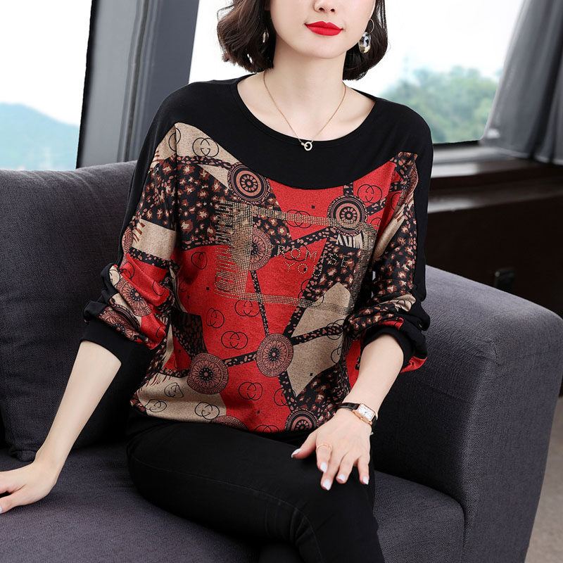 纯棉长袖t恤女装2025春秋新款妈妈胖mm大码宽松遮肚子上衣打底衫