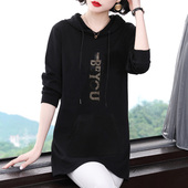 2025秋冬新款 黑色长袖 t恤大码 纯棉连帽卫衣女装 中长款 宽松上衣服