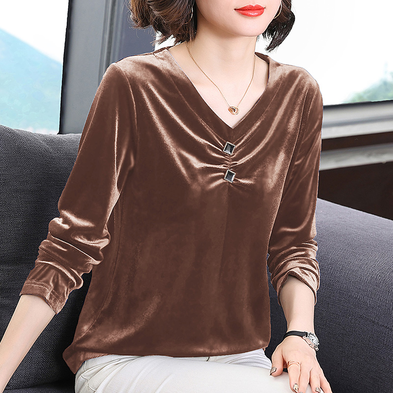 金丝绒长袖t恤女2025春季新款洋气妈妈v领上衣大码宽松遮肉打底衫