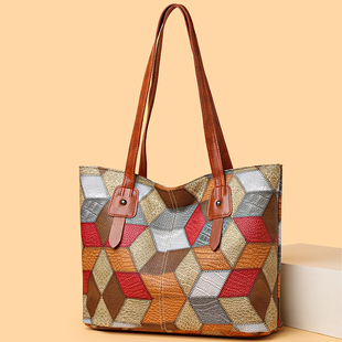 撞色大容量手提包2024软皮单肩包女士通勤托特包包 潮时尚 韩版 新款