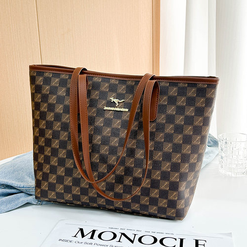 新款托特包女士软皮格子拉链包欧美大气单肩包休闲百搭手提大包包