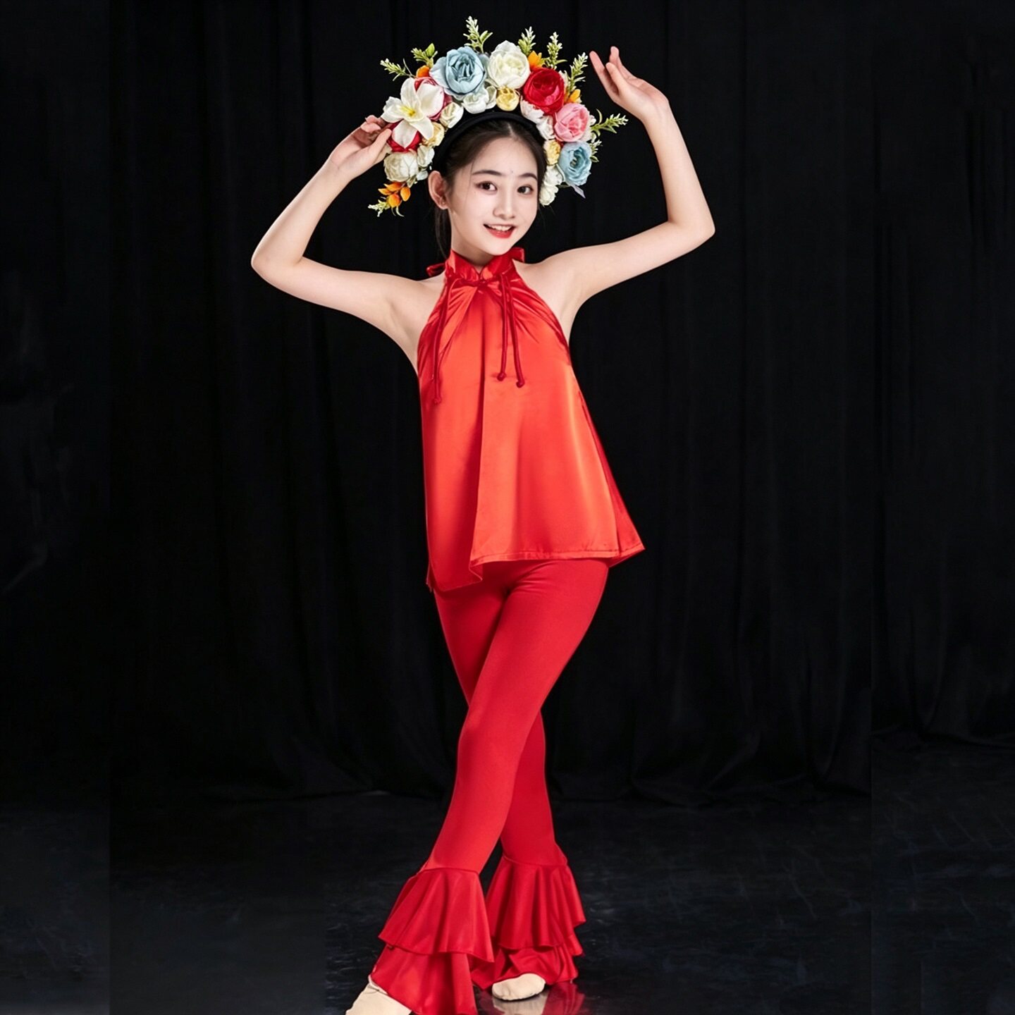 簪花如梦儿童演出服吊坠竹篮红色