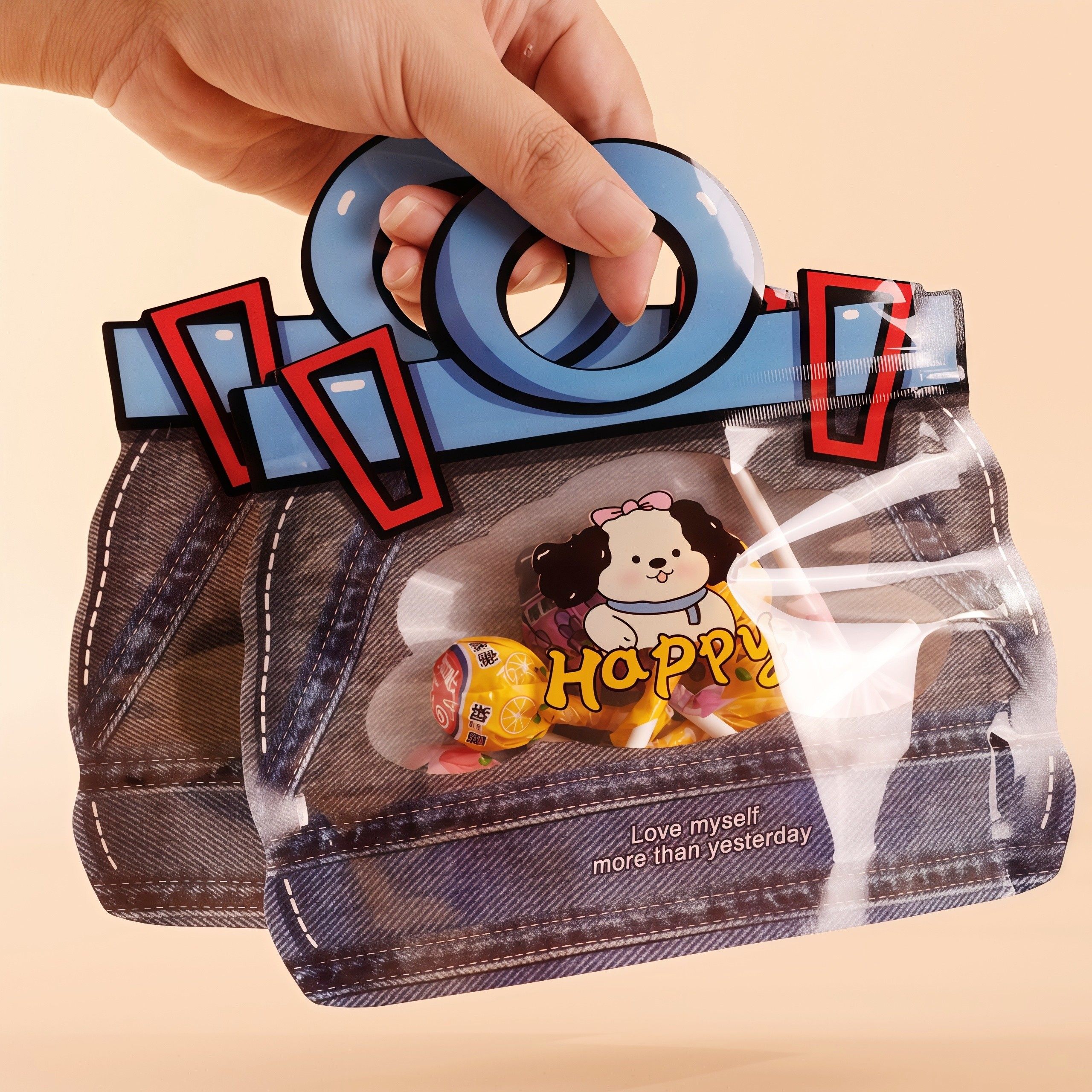 卡通小狗仿牛仔零食糖果饼干按压食品密封包装袋Happy手作礼物袋