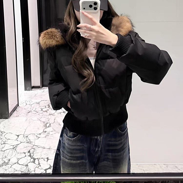 美式黑色毛领连帽羽绒棉服女冬季新款加厚收腰短款小个子棉衣外套