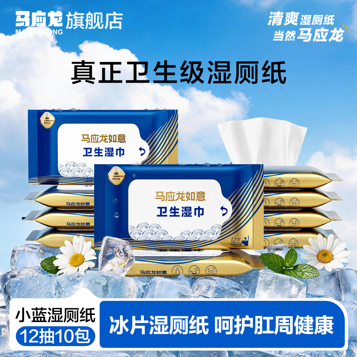 马应龙冰片湿厕纸可冲散擦屁屁清洁PP便携湿巾12片装10包
