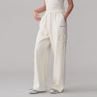 老玛儿春季蝴蝶结白色休闲裤2025年新款百搭直筒卫裤抽绳运动裤女
