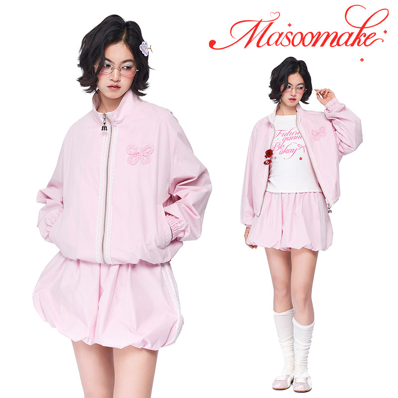 MASOOMAKE2026年春季新款蕾丝贴边夹克外套百搭花苞短裙两件套女