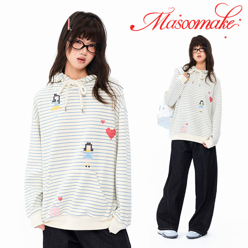 MASOOMAKE2026年春季新款连帽百搭条纹卫衣宽松显瘦学生套头上衣