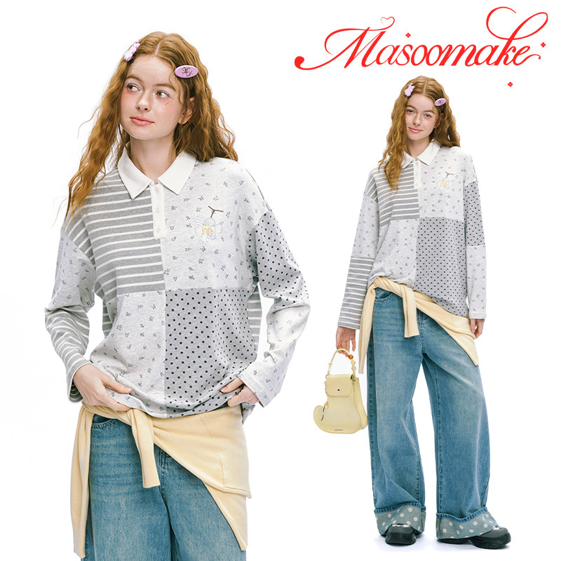 老玛儿春季碎花条纹波点拼接polo衫2026年新款宽松百搭长袖T恤女