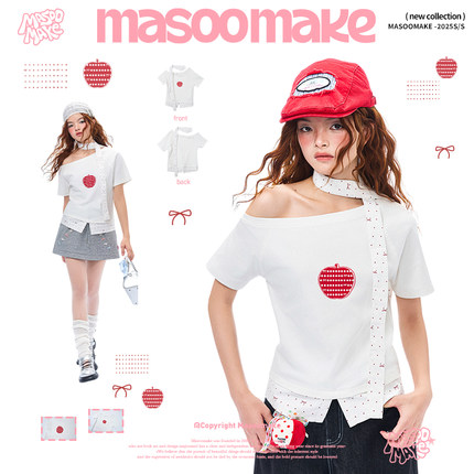MASOOMAKE夏季斜肩白色T恤2026年新款休闲百搭短袖修身辣妹上衣