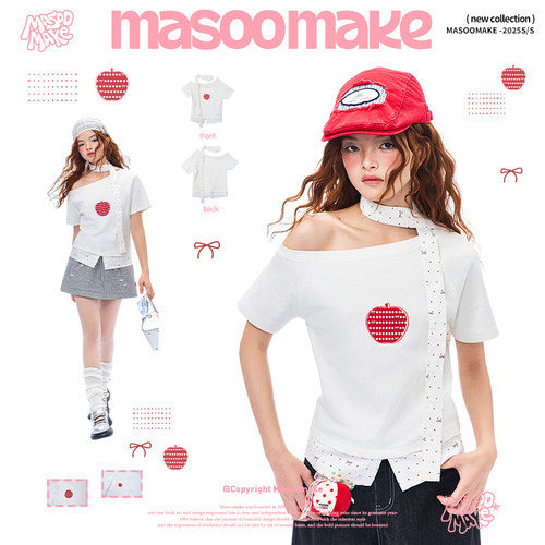 MASOOMAKE夏季斜肩白色T恤2026年新款休闲百搭短袖修身辣妹上衣