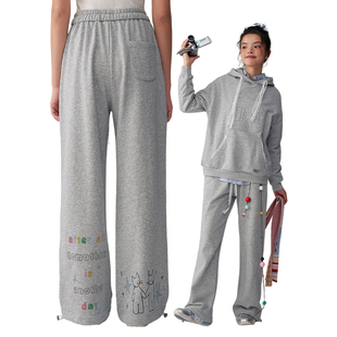 老玛儿春季时尚百搭灰色休闲裤2025年新款宽松运动裤阔腿显瘦长裤