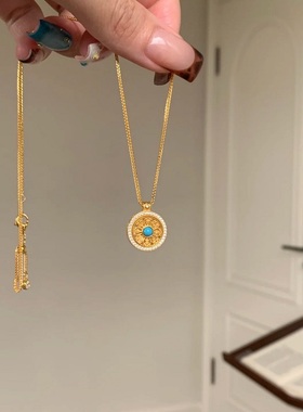 S925纯银项链新中式蓝松石可转动八宝罗盘轻奢高端小众高级锁骨颈