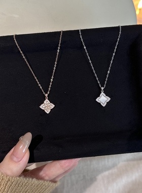 S925纯银项链复古贝母双面四叶花轻奢高端小众级感百搭锁骨颈链女