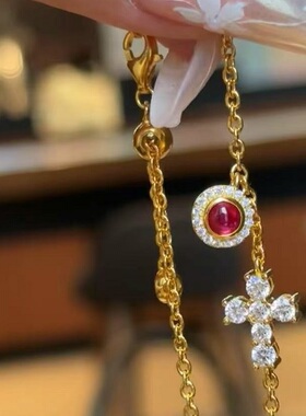 S925纯银手链镶钻红宝锆石十字架手链轻奢高端小众级设计感精致潮