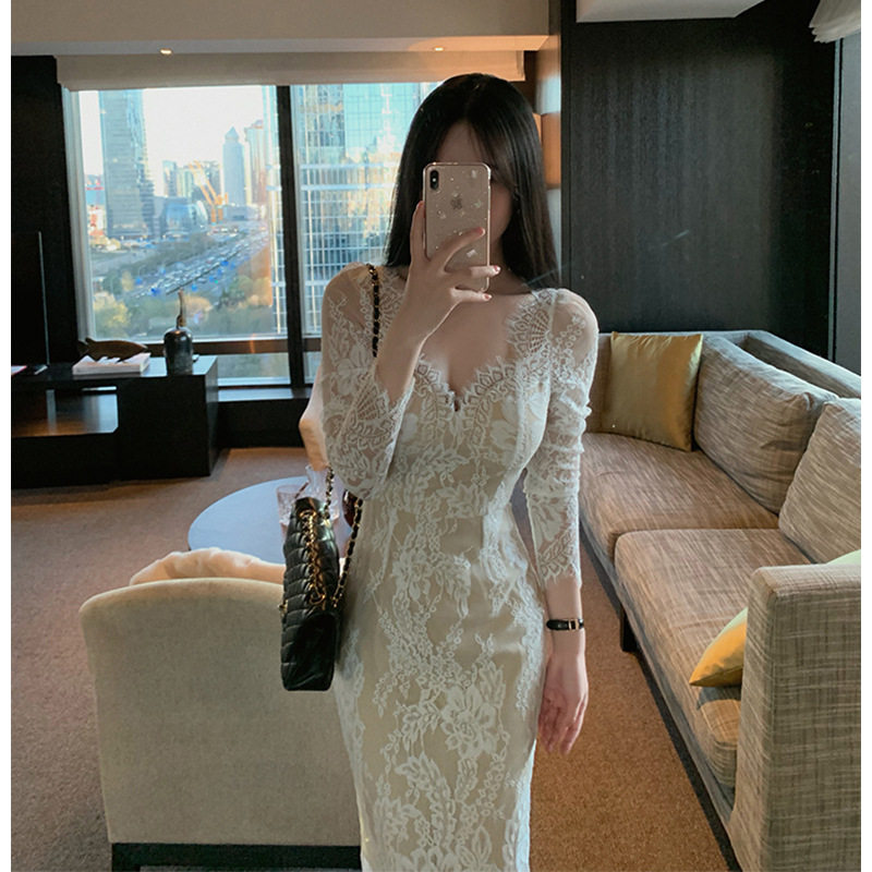 性感深V领花边蕾丝礼服轻奢高端小众级气质名媛晚宴会收腰连衣裙