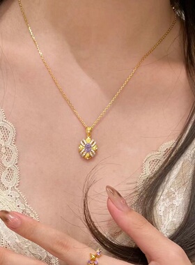 S925纯银项链意大利中复古紫荆太阳花镶钻轻奢高端小众级设计感颈