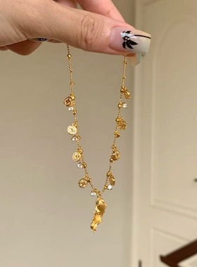 S925纯银项链国风新中式招财锦鲤拉丝镶钻金币超仙女轻奢锁骨颈链