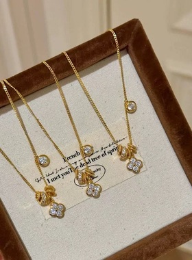 法式复中古高碳钻四叶草S925纯银项链轻奢小众高端级设计感锁骨颈