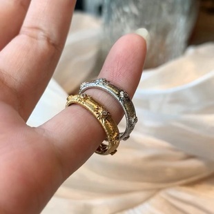 S925纯银戒指意大利中古拉丝缎面复古董星芒轻奢高端小众级感镶钻