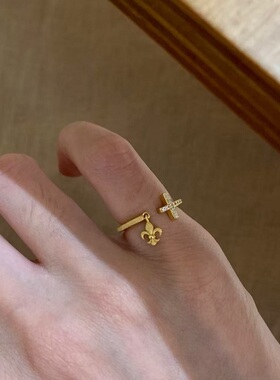 S925纯银尾戒指十字架鸢尾花开口镶钻锆石轻奢高端小众级感百搭潮