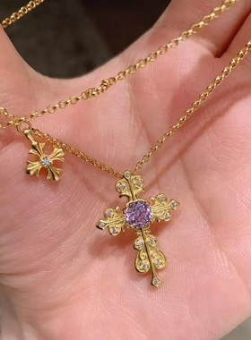 S925纯银项链九紫离火锆石鸢尾花十字架轻奢高端小众级复古锁骨颈