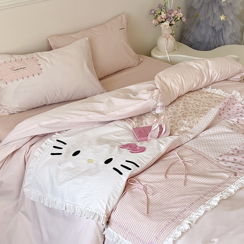 【富山草莓】少女心可爱Hello Kitty碎花拼接全棉床上四件套床品