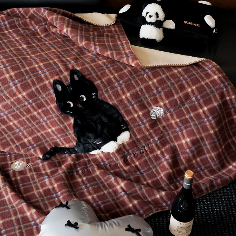 【富山草莓】秋冬美拉德复古黑色小猫加厚仿羊绒毛毯保暖沙发盖毯