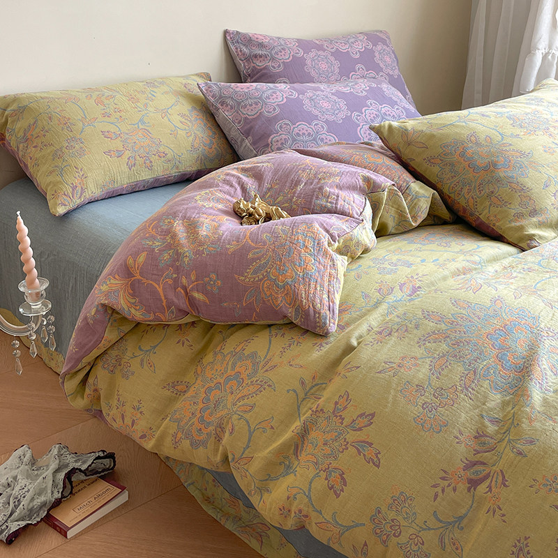 【富山草莓】A类复古黄紫色大提花全棉双层纱四件套纯棉床单被套