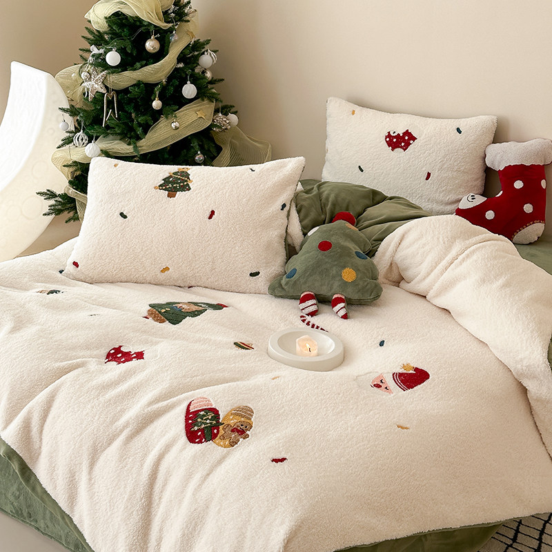【富山草莓】氛围感圣诞节礼物保暖绵羊绒四件套加厚牛奶绒秋冬天