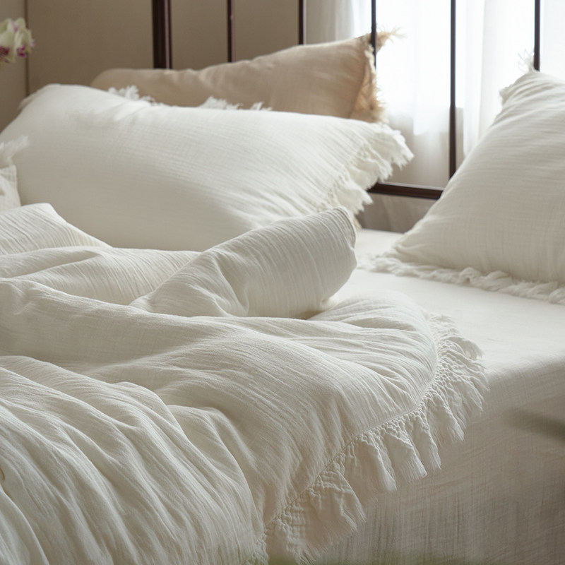 【富山草莓】A类日式白色全棉双层纱布四件套纯棉流苏边被套床单