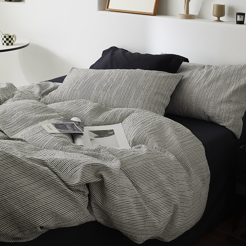 【富山草莓】高级感黑白条纹肌理床上四件套全棉纯棉床单被套床品
