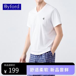新款 BYFORD 2025夏季 百富男V领家居服透气格子裤 MH99250017 套装
