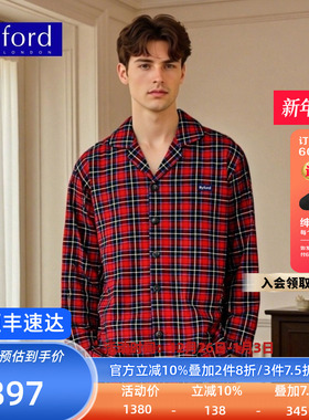 BYFORD/百富红色格子家居服男全棉翻领秋冬睡衣节日礼物MW667882