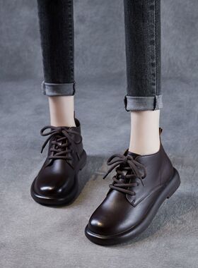 头层牛皮英伦风马丁靴女2025秋冬平底短靴子复古加绒真皮法式棉鞋