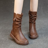 真皮中筒靴女马丁靴2025年秋冬季 新款 堆堆瘦瘦靴加绒高筒骑士靴子