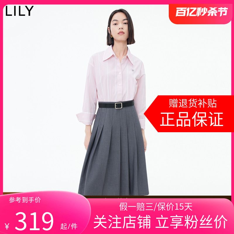 LILY衬衫式假两件休闲简约通勤连衣裙23春装新款高腰修身气质裙子