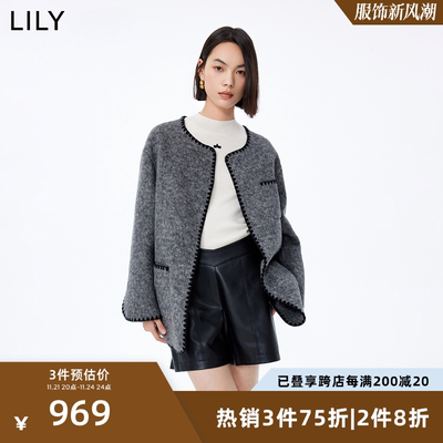 LILY2024春新款女装绵羊毛复古小香风别致无扣通勤毛呢外套小个子