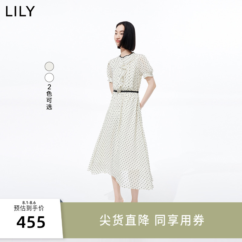 LILY2024夏新款女装复古浪漫波点别致洋气压褶气质垂感高腰连衣裙