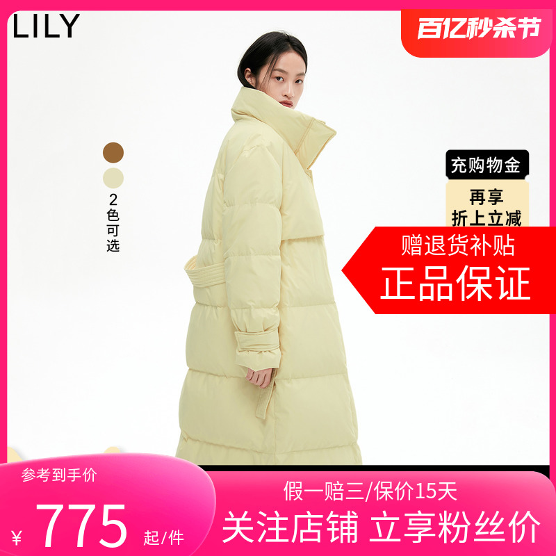 【商场同款】LILY2024春新款女装纯色通勤款风衣式长款羽绒服外套