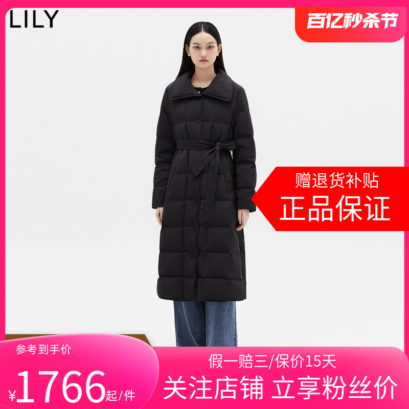 【商场同款】LILY2024春新款女装保暖鹅绒显瘦腰带长款羽绒服外套