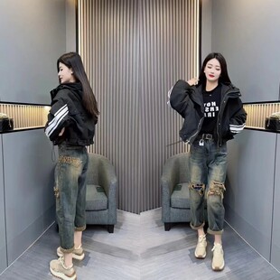 条纹袖 设计师款 韩版 新款 冲锋衣夹克上衣 字母连帽二棉外套2024春季