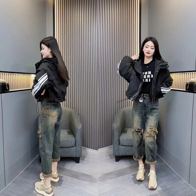 爆款条纹袖字母连帽二棉外套韩版