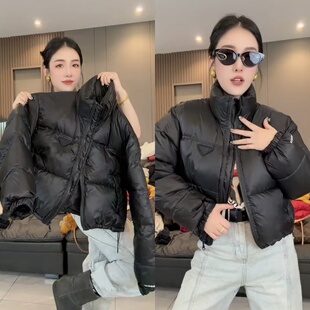 欧货肯豆风三角标短款棉服外套冬季新款休闲百搭立领加厚面包服女