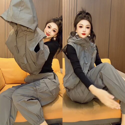 休闲冲锋衣马甲大兜工装裤套装女