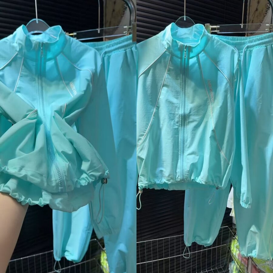 高档糖果色防晒速干套装2026春夏新款立领抽绳外套长裤休闲两件套